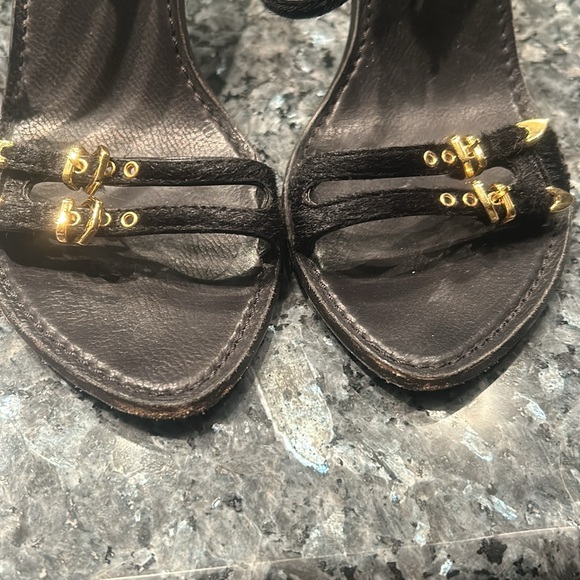 Louis Vuitton black suede with gold buckle heeled sandals, ankle straps - Picture 2 of 10